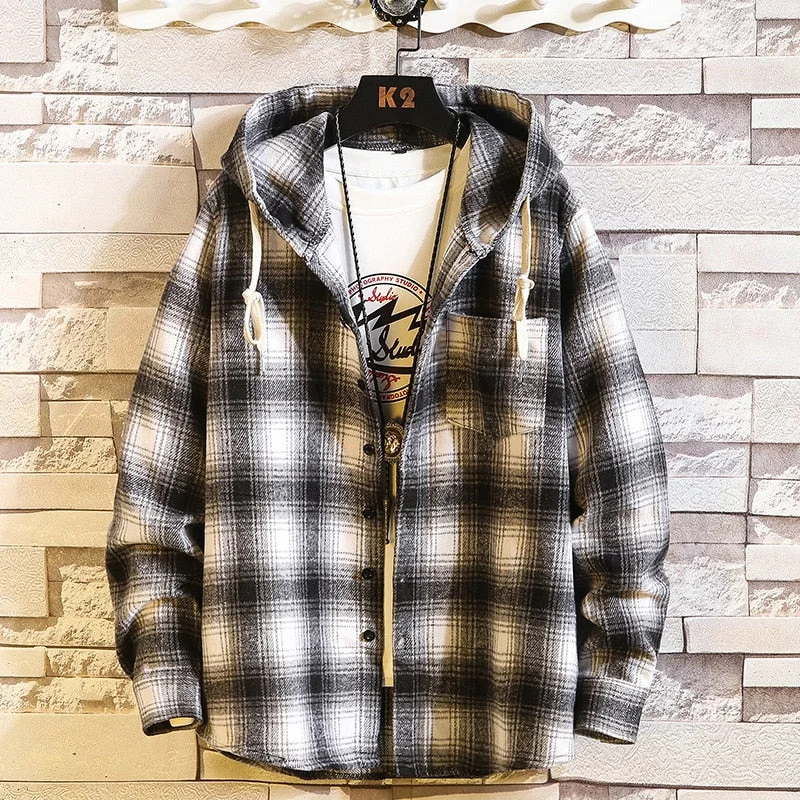 Casual Brand With Hooded Plaid Shirt Men'S Fleece Red Shirts Long Sleeves 2020 New Spring Autumn Plus OverSize M-6XL