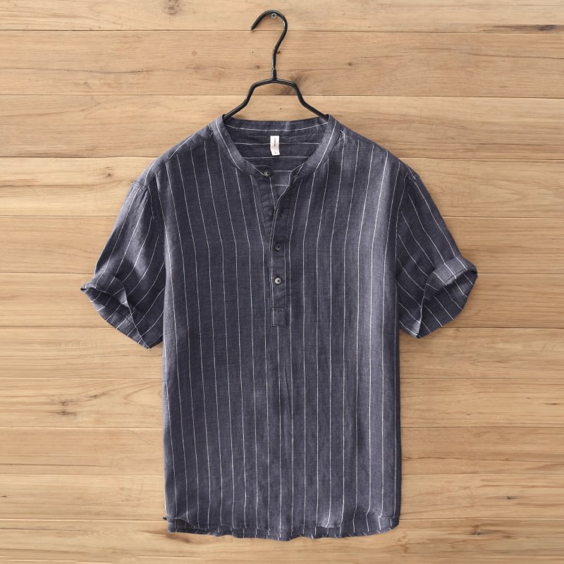 Men's casual cotton and linen striped short-sleeved shirt