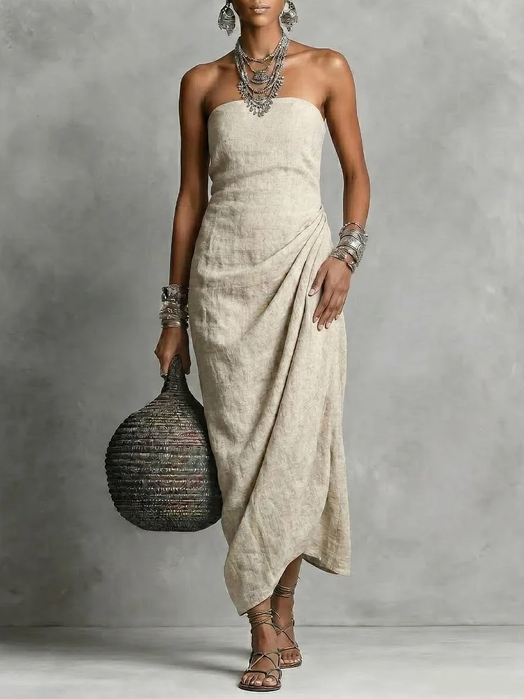 Women's Elegant Strapless Ruched Linen Cotton Dress