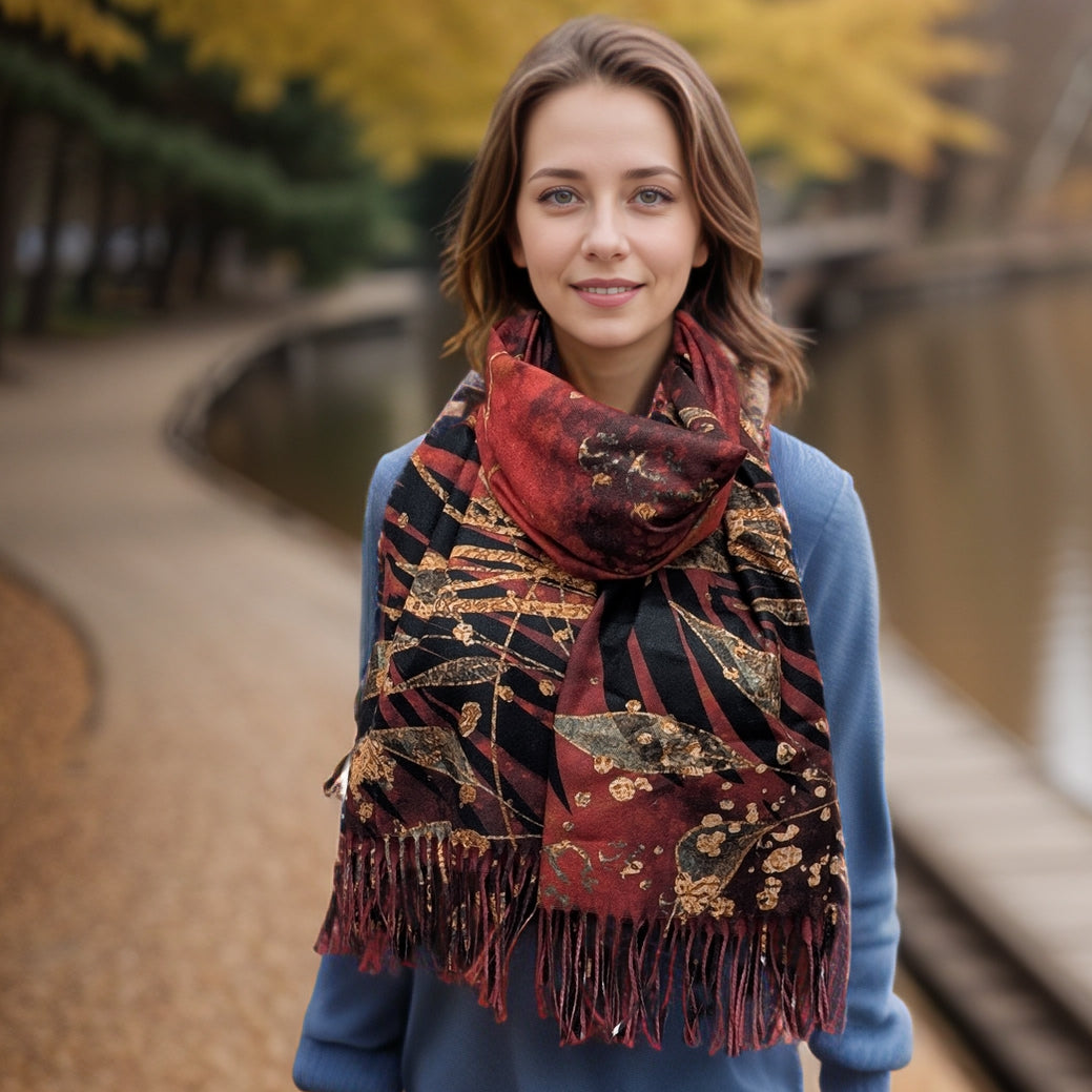 Kursi - Golden Leaf Pashmina Style Scarf (70x180cm) - Red