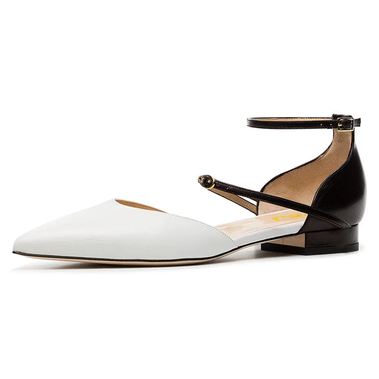 White and Black Ankle Strap Comfortable Flats Double D'orsay Pumps |FSJ Shoes