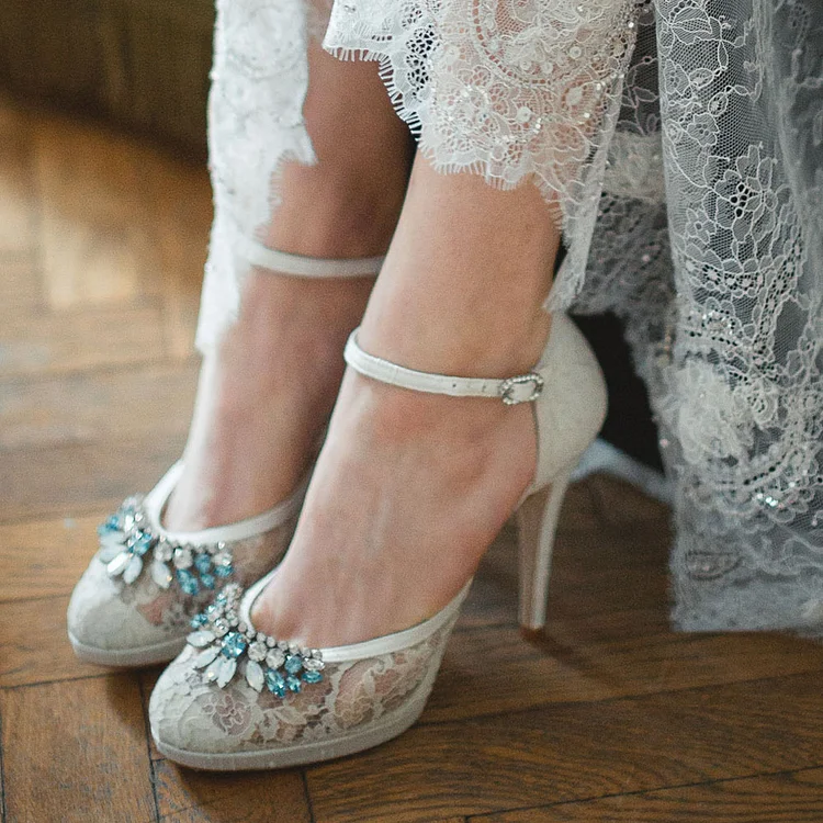 Ivory Bridal Heels Lace Rhinestone Stiletto Heel Platform Pumps |FSJ Shoes