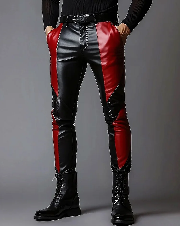 Men's PU Leather Patchwork Slant Pocket Pants