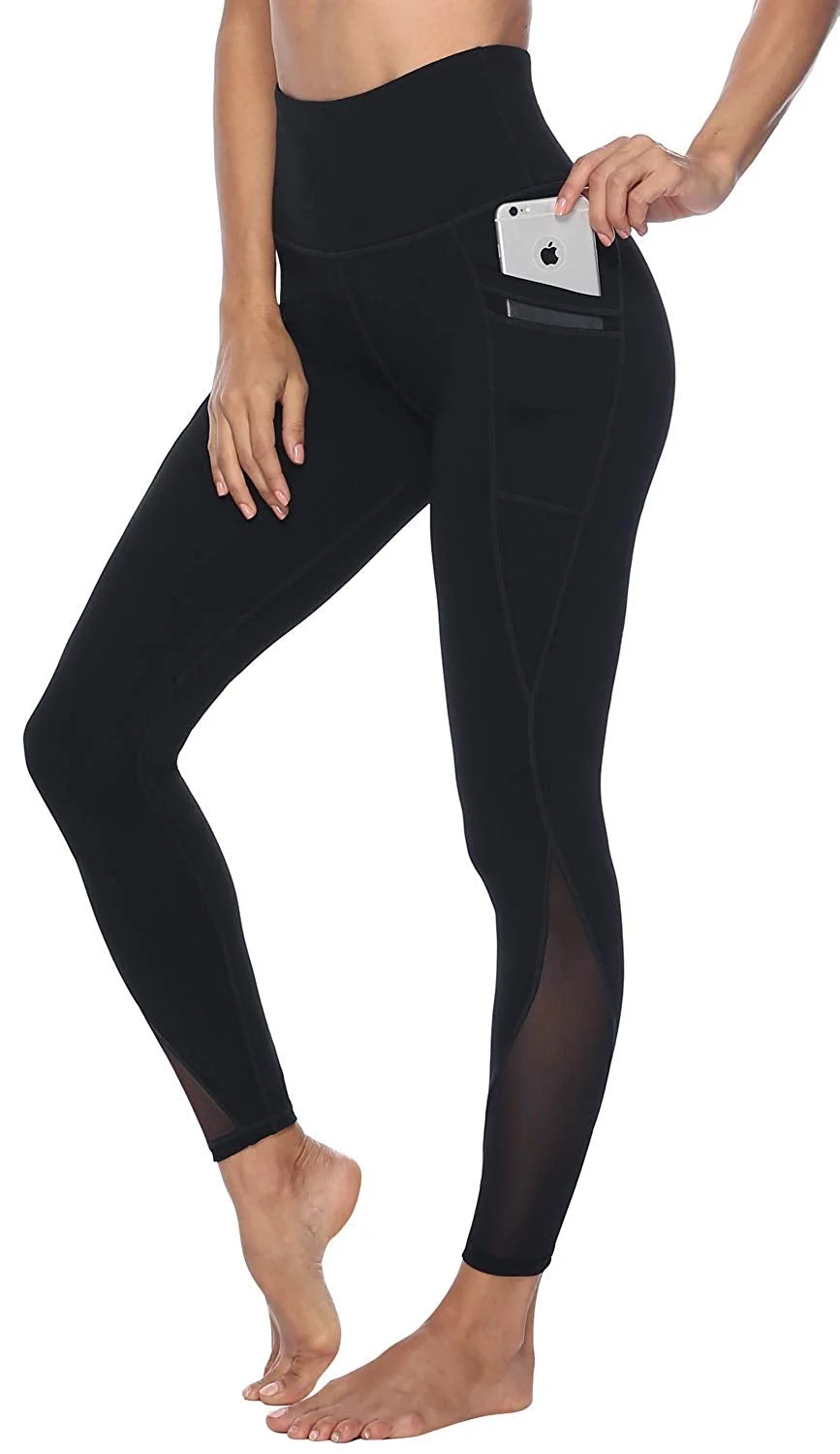 Women's Mesh Yoga Pants with 2 Pockets, Non See-Through Stretch Leggings