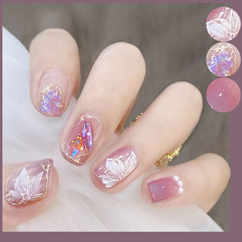 Agreedl Short Round Fake Nails With Glue Purple Magic Mirror Powder Flower Pearl Design Press On Nails Wearable False Nail Tips
