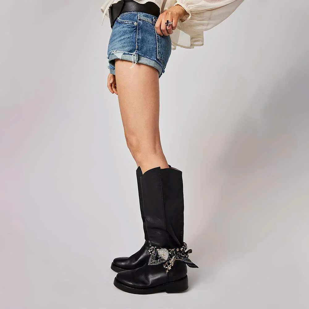 Black Faux Leather Round Toe Chunky Heel Pull Tab Knee High Boots