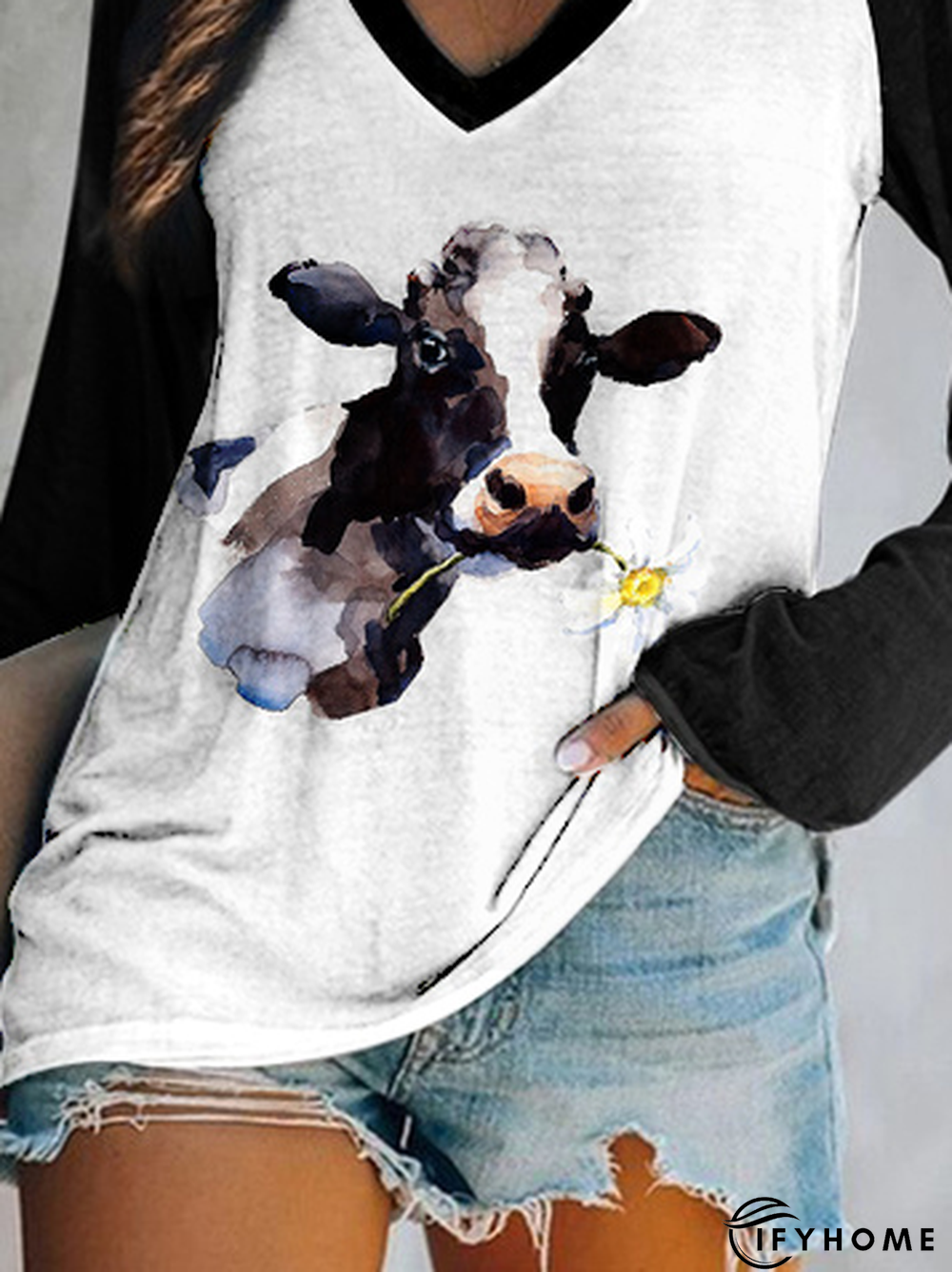 V Neck Animal Regular Fit Cow Long Sleeve T-shirt | IFYHOME