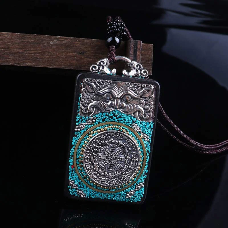 Ebony Wood Elephant Lotus Balance String Necklace Pendant