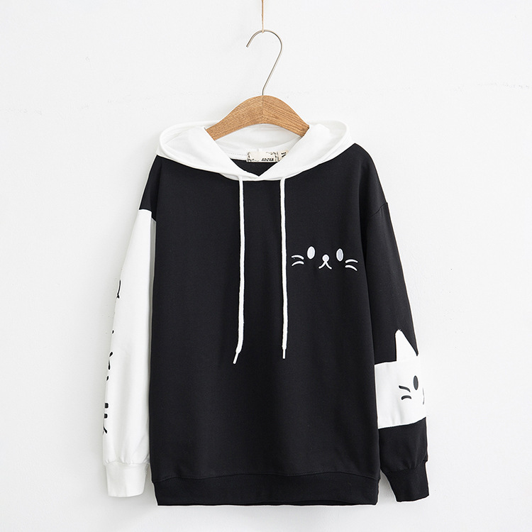 Creative Cat Print Color Block Hooded Sweatshirt For Women / TECHWEAR CLUB / Techwear