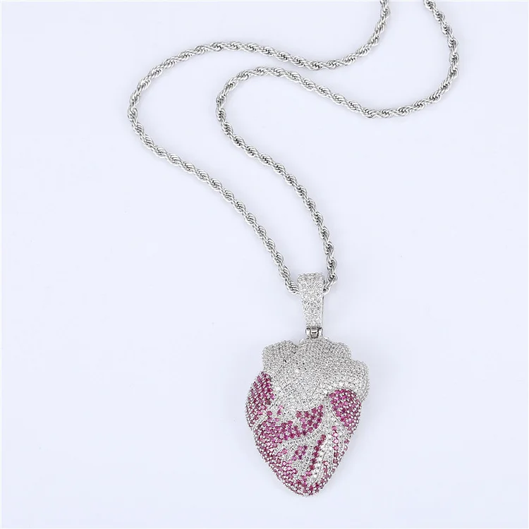 Hip Hop Inlaid Zircon Pink Love Pendant Necklace Jewelry-VESSFUL