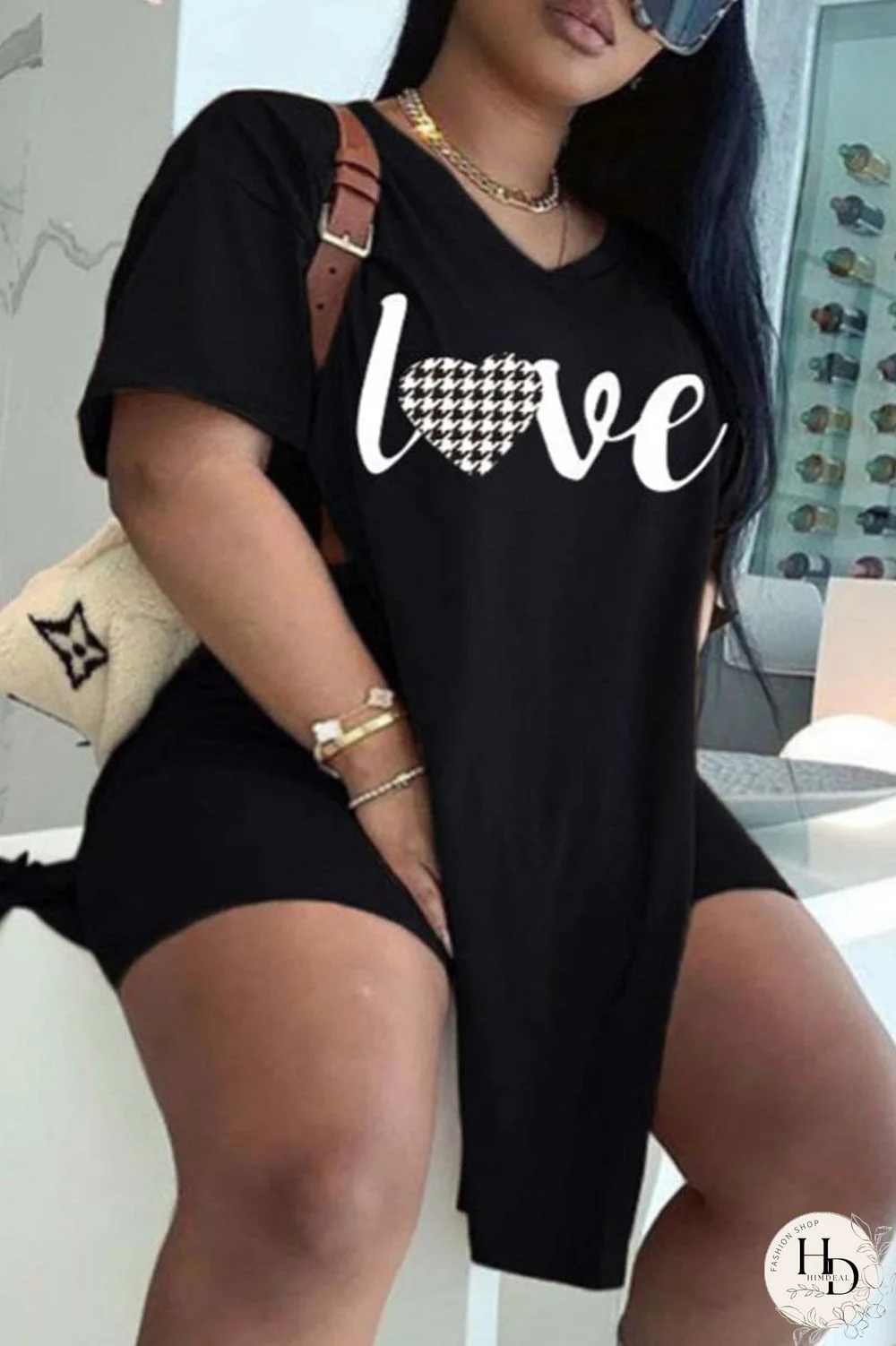 Black White Casual Letter Print Patchwork V Neck Plus Size Two Pieces