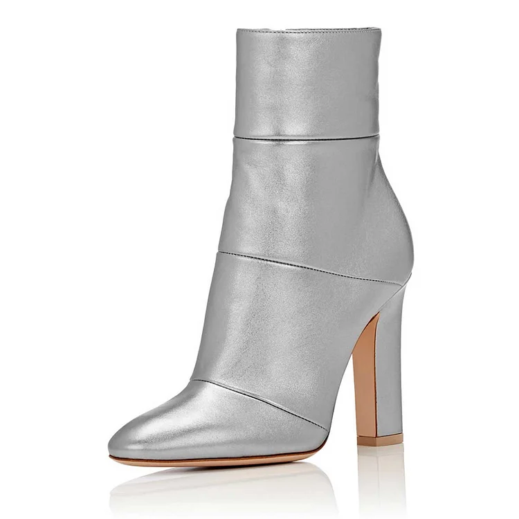 Metallic Silver Chunky Heel Boots Work Booties for Office Ladies |FSJ Shoes