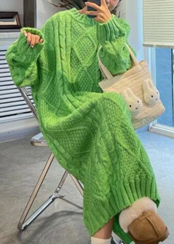 Women Green O-Neck Cozy Cable Cotton Knit Sweaters Dress Fall