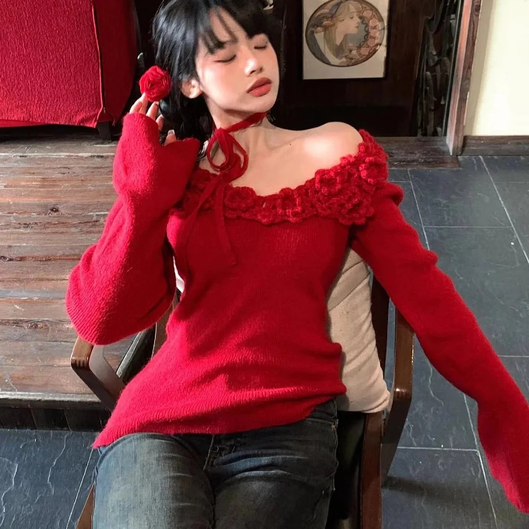Toloer Red 3D Flower Off-Shoulder Long Sleeve Top-Outfit Ideas