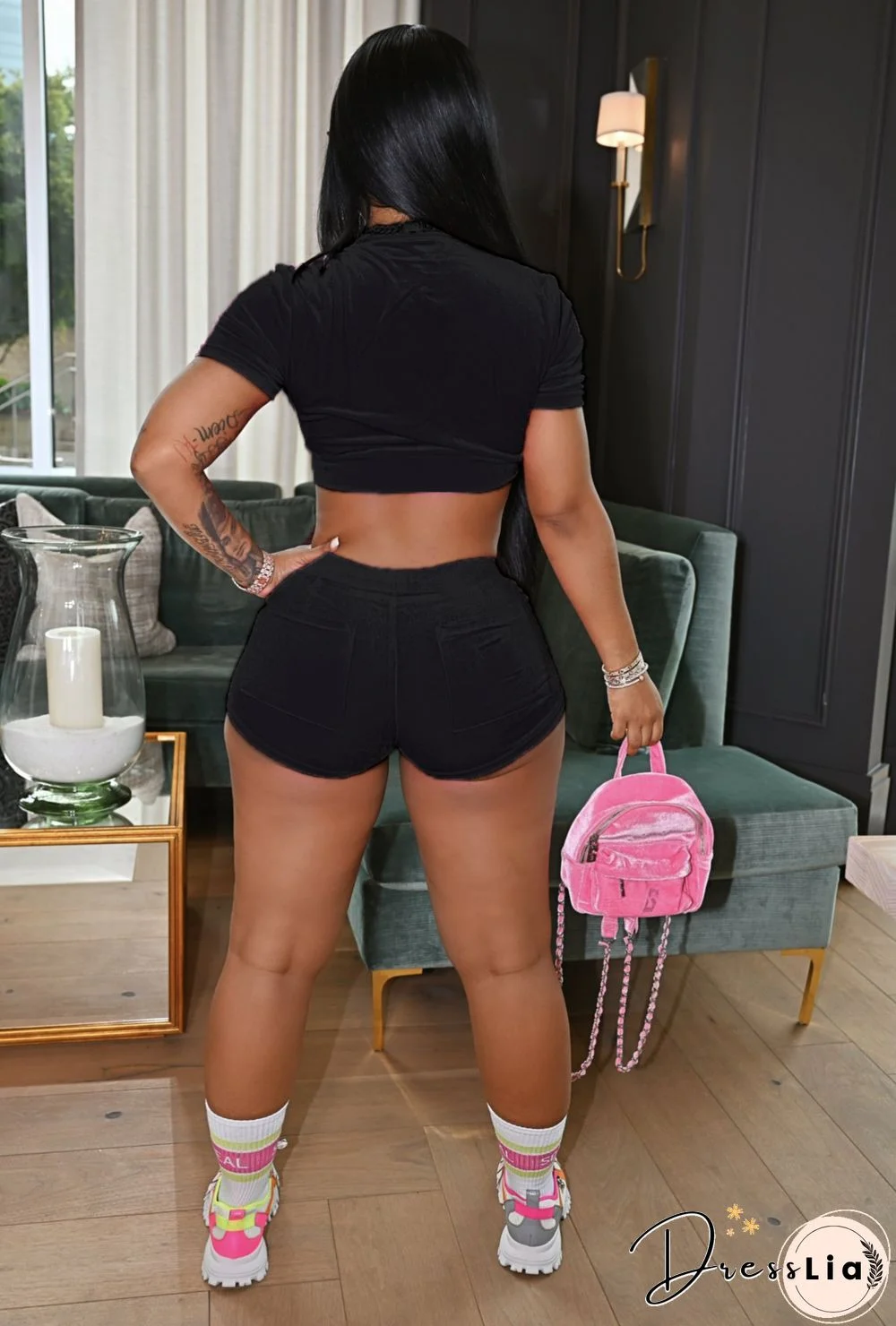 Velvet Crop Tops Biker Shorts Workout Matching Sets