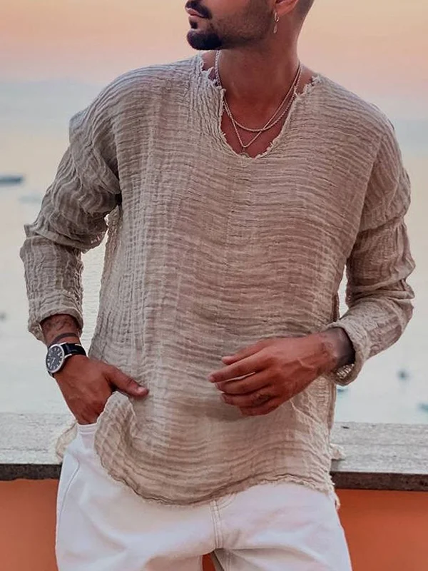 Men's Plain Textured Pleated Raw Trim V Neck Long Sleeve T-Shirt