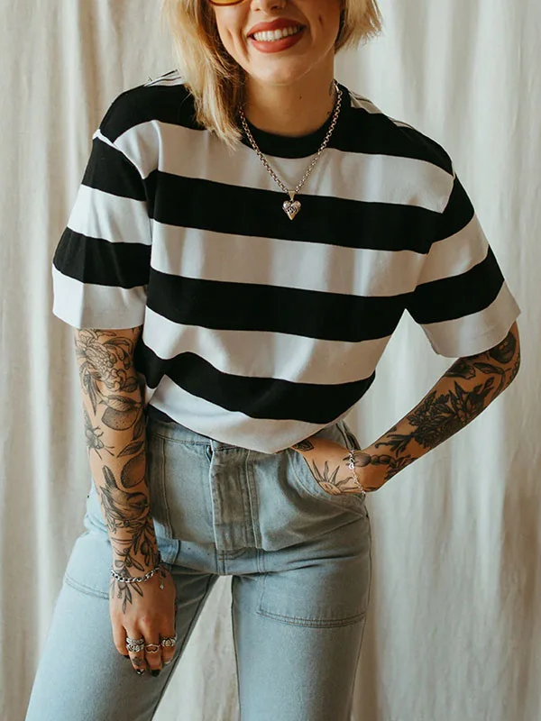 simple striped set head ladies short sleeve