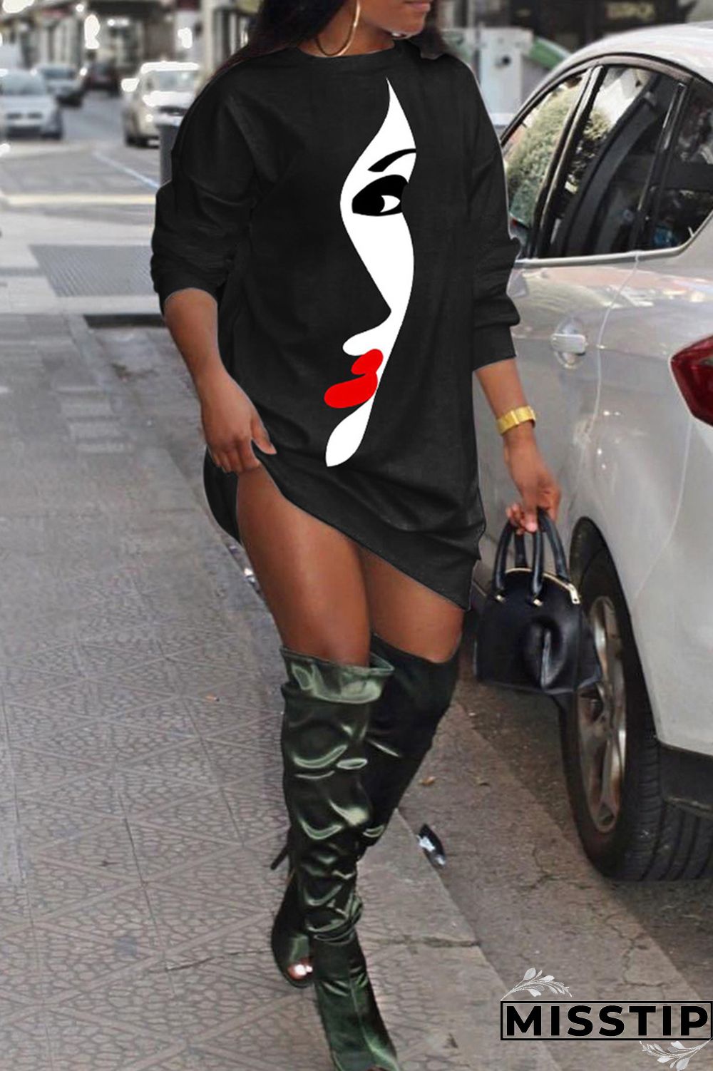 Black Casual Daily Print Patchwork O Neck Long Sleeve Dresses