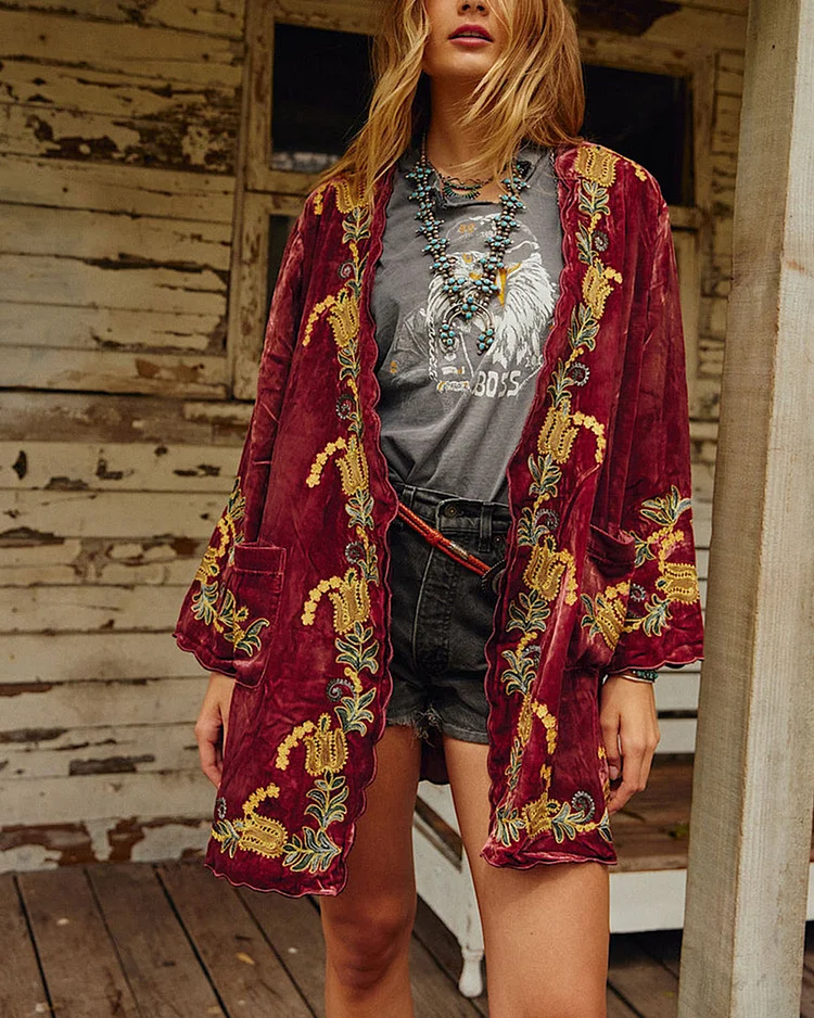 Proud Mary Silk Velvet And Embroidered Short Housecoat