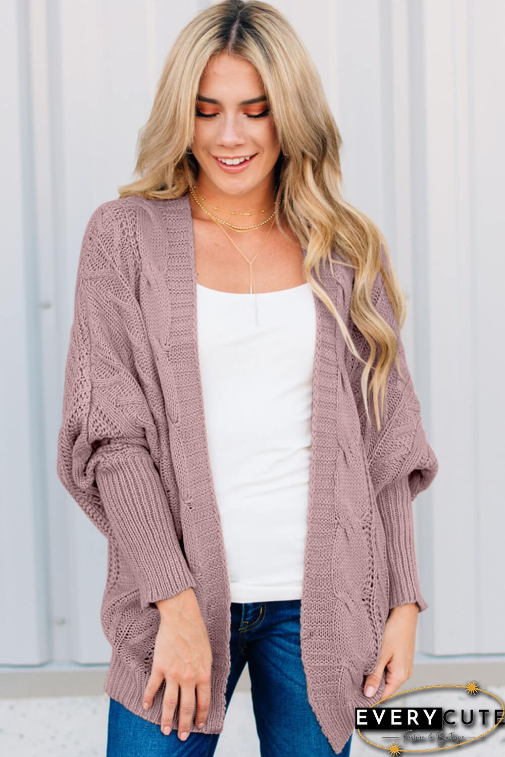 Pink Dolman Sleeve Open Front Knit Cardigan