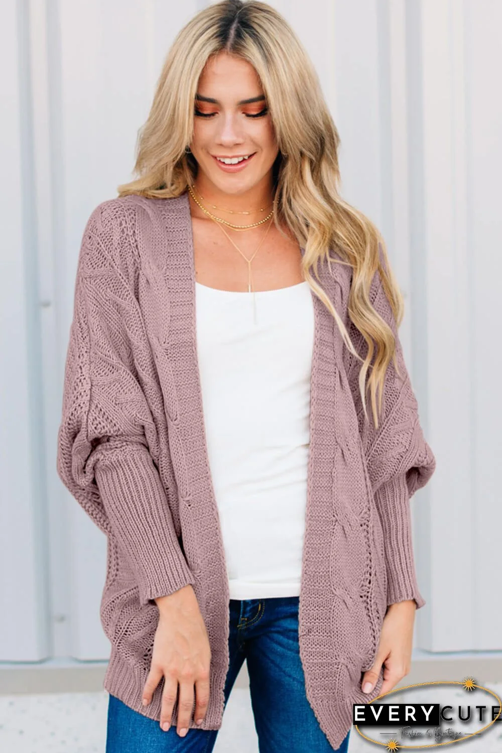 Pink Dolman Sleeve Open Front Knit Cardigan