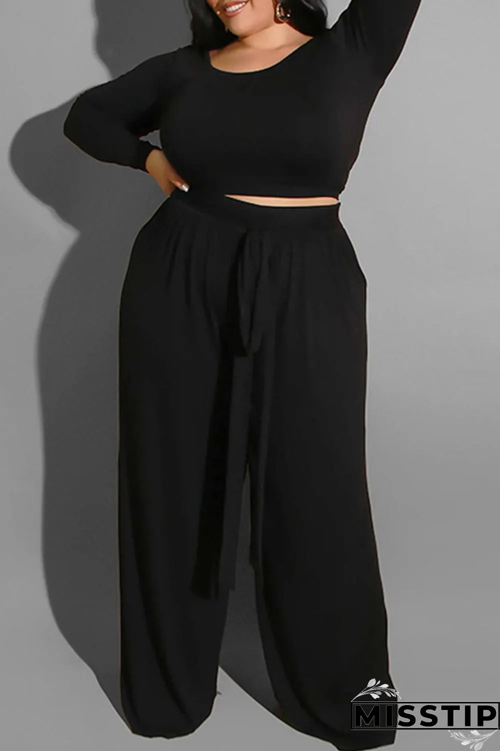 Brown Casual Solid With Belt O Neck Plus Size Two Pieces
