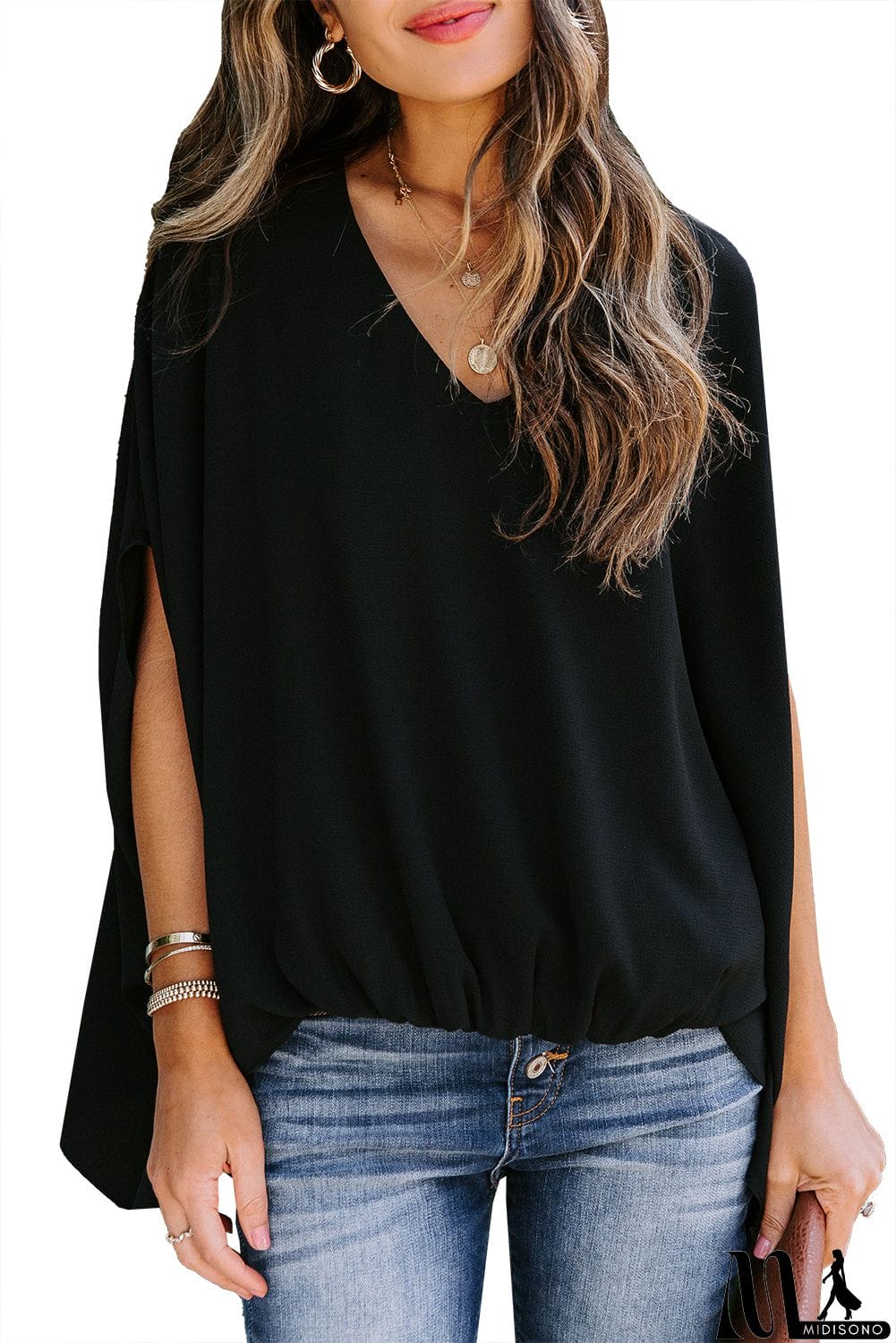 MidiSono - Draped Dolman Sleeves V Neck Blouse