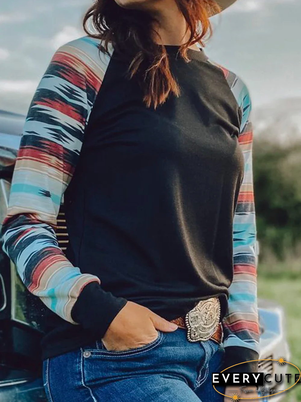 Black Cotton-Blend Long Sleeve Printed Geometric T-shirt