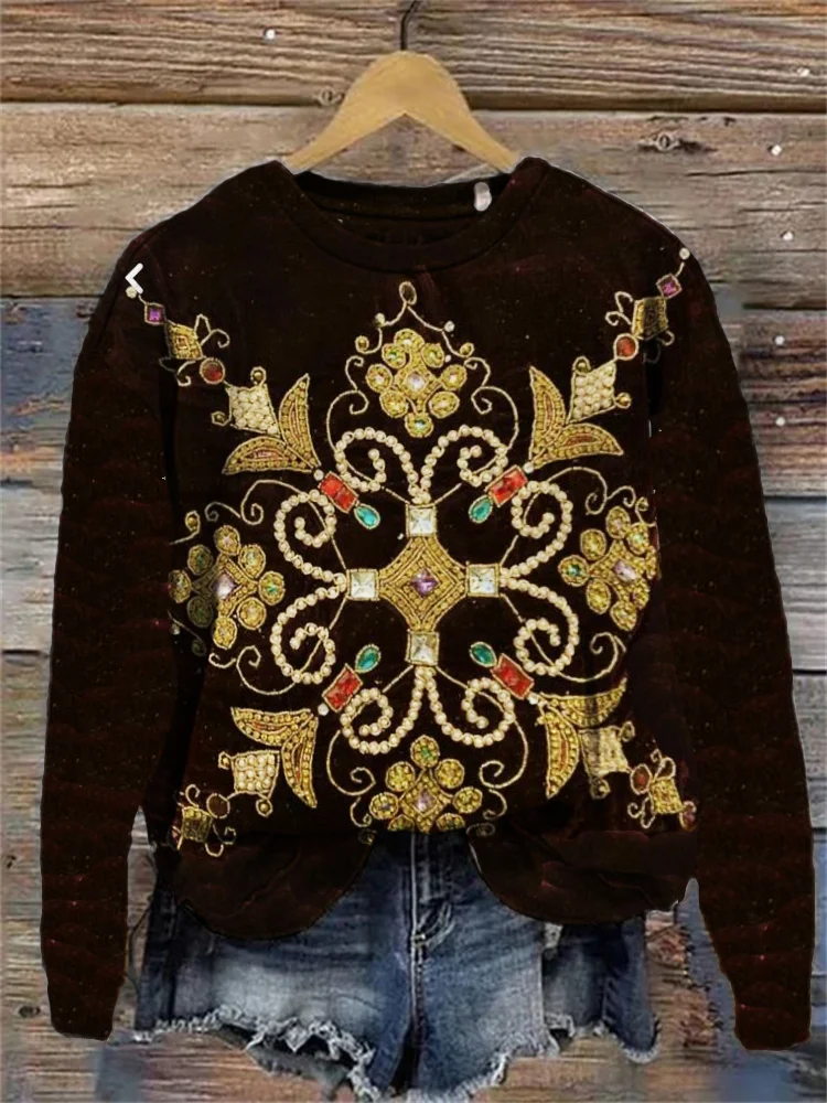 Colorful Rhinestone Floral Beaded Velvet Sweatshirt
