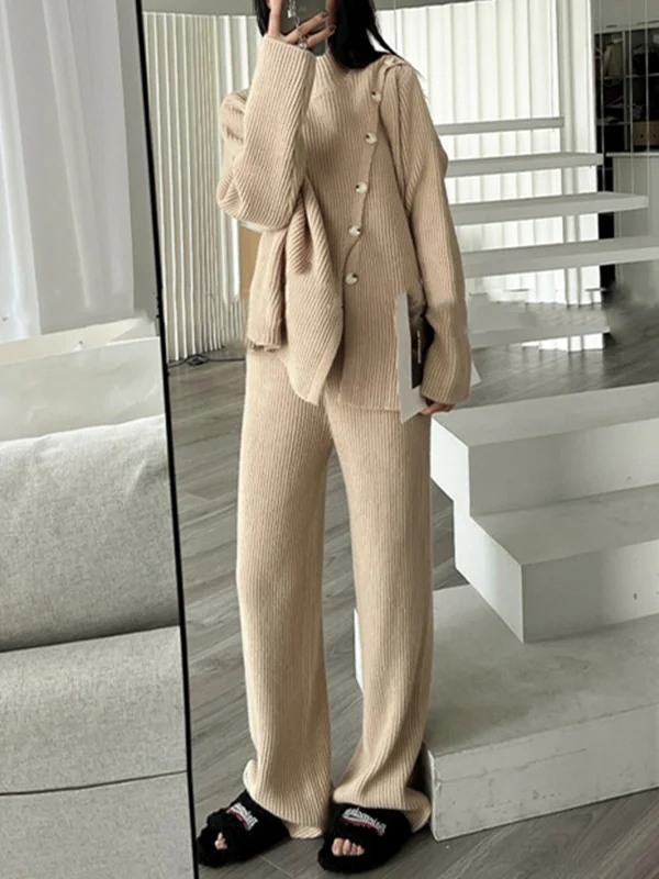 Casual Roomy Pure Color Half Turtleneck Sweater Tops & Wide Leg Pants Suits