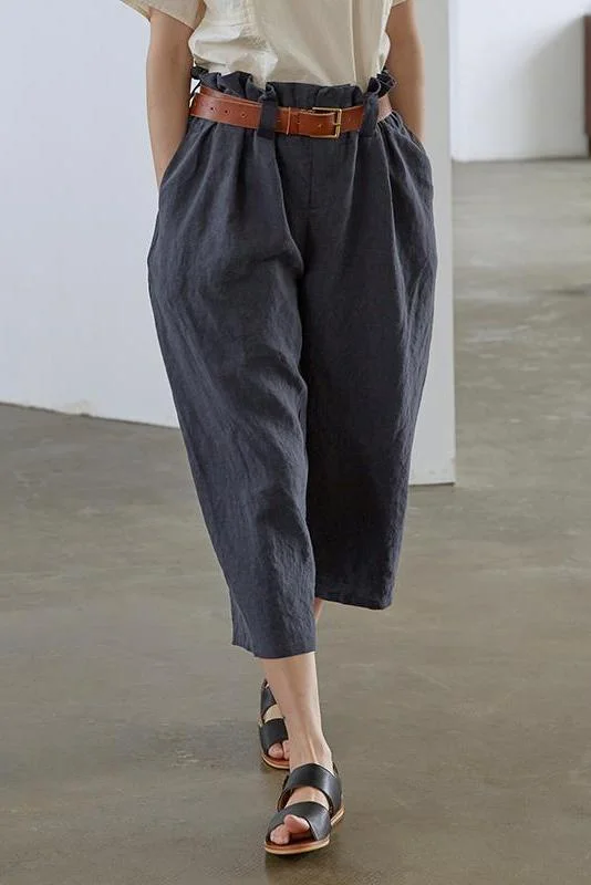 Women Linen Design Blue Casual Pants Summer Loose Trousers
