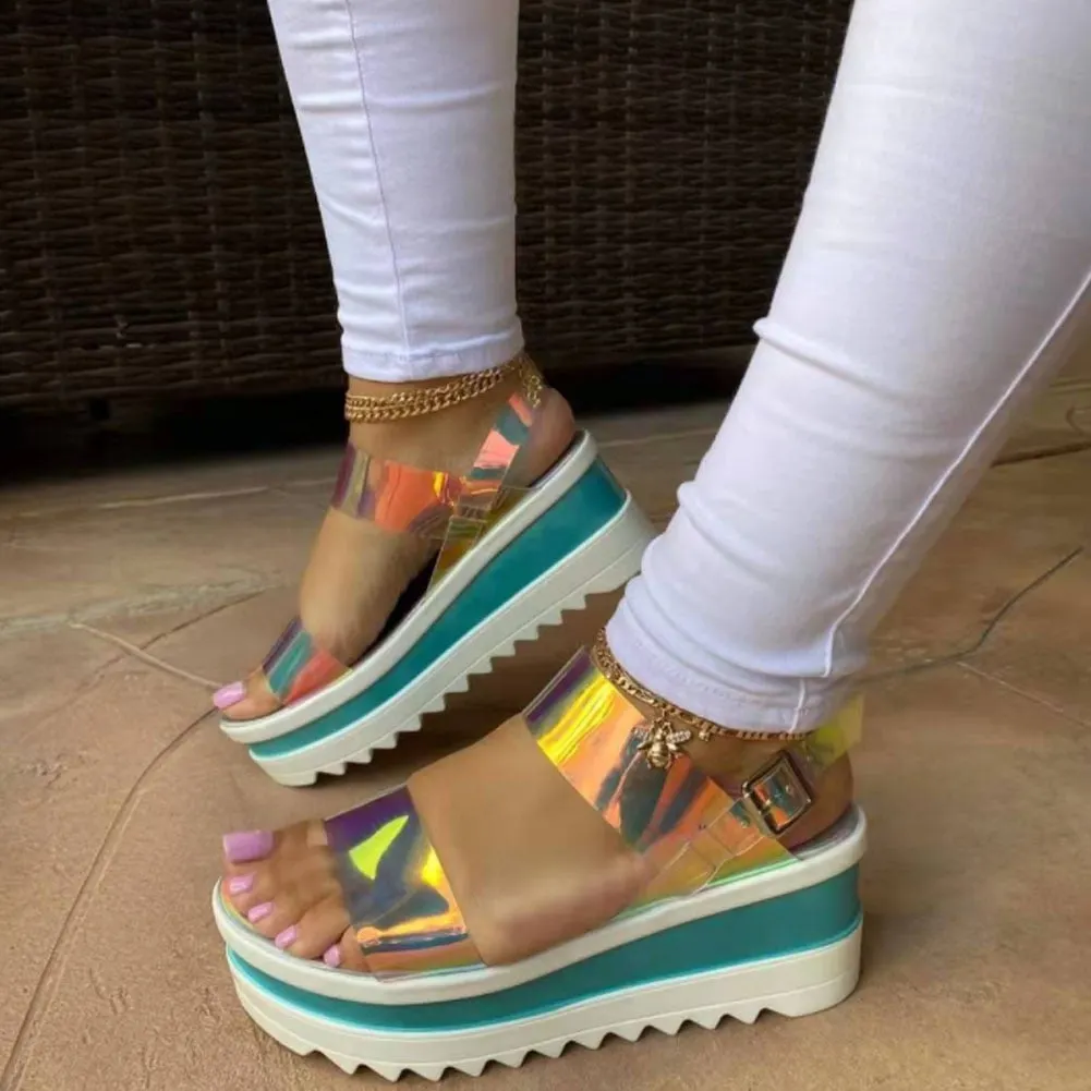 On Sale Dropshipping Open Toe Multicolor PVC Platform Wedges Leisuse Casual Beach Sandals For Women Colorful Thick Sole Shoes