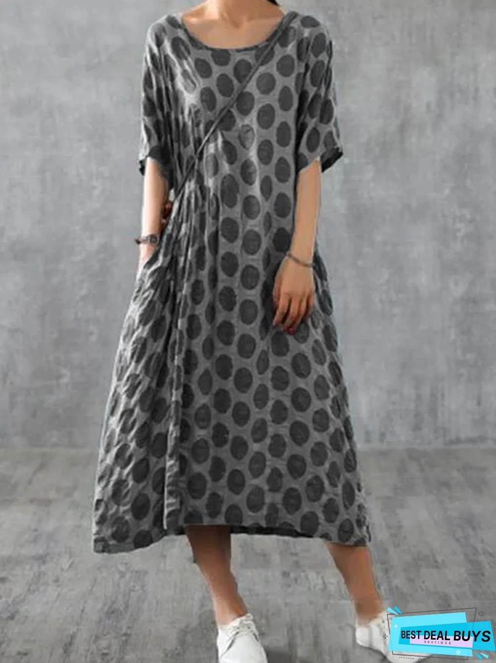 Casual Floral-Print Round Neck Polka Dots Weaving Dress