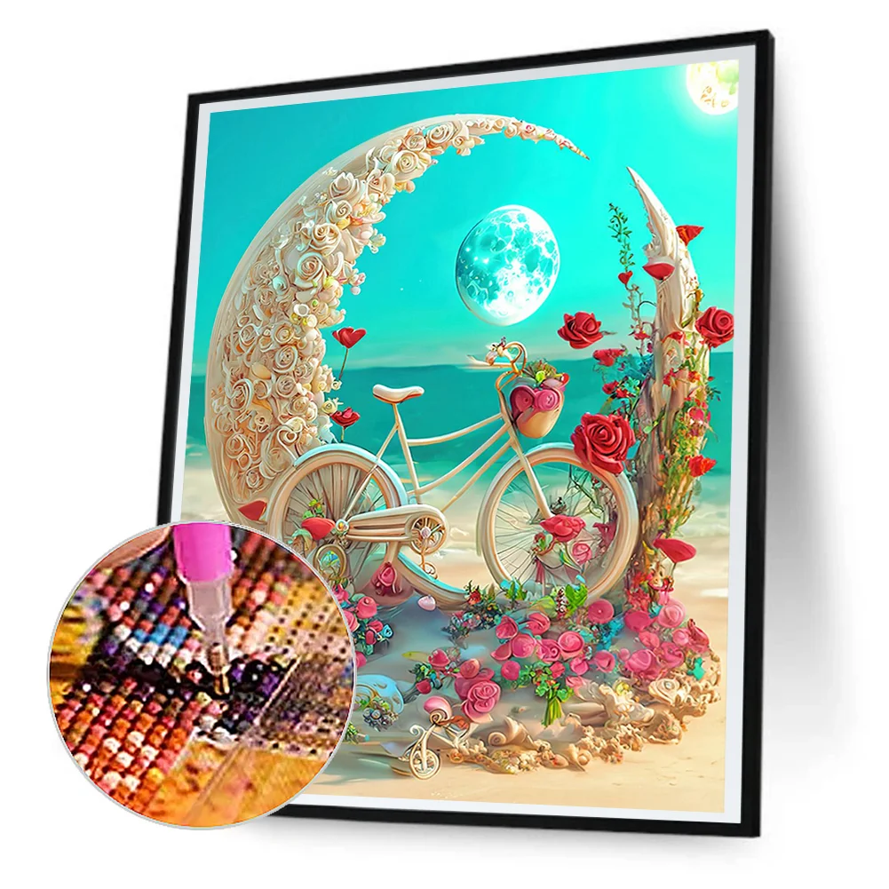 Full Round Diamond Painting 30*40cm - Beach Romantic Rose Bicycle