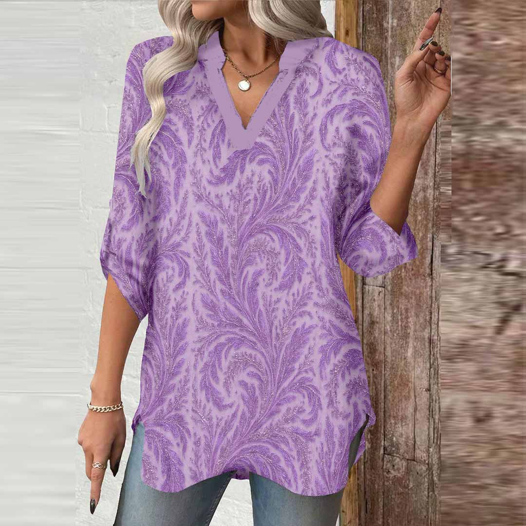 Women Texture, Purple DZGA0394 3/4 Sleeve V-neck Printed Graphic Button Tops