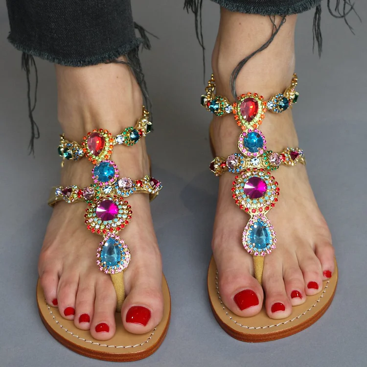 Colorful Rhinestone Jeweled Flat Thong Sandals for Summer Vdcoo
