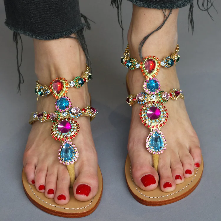 Colorful Jeweled Embellished Open Toe T Strap Flat Summer Sandals FSJshoes