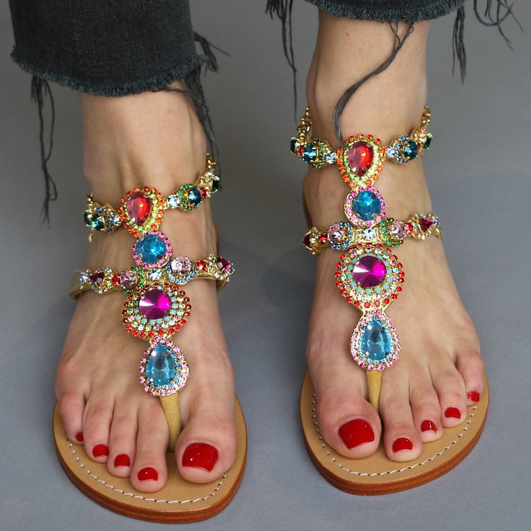 Colorful Jeweled Sandals Summer Rhinestone Flat Thong Sandals |FSJ Shoes