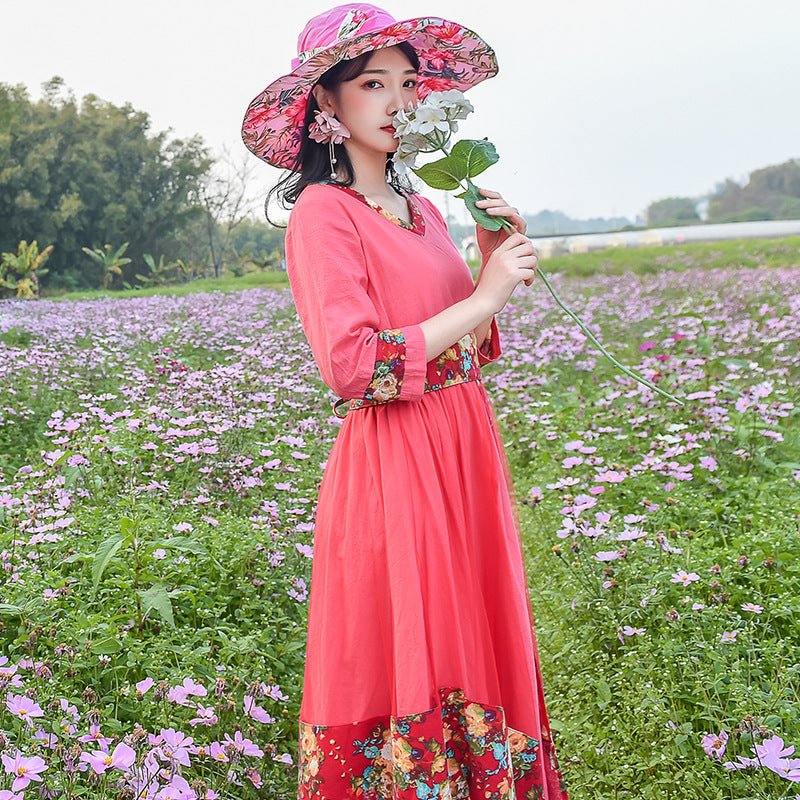 Fashion Xia Clan National Style Retro Women's Clothing Cotton V-neck Swing Dress