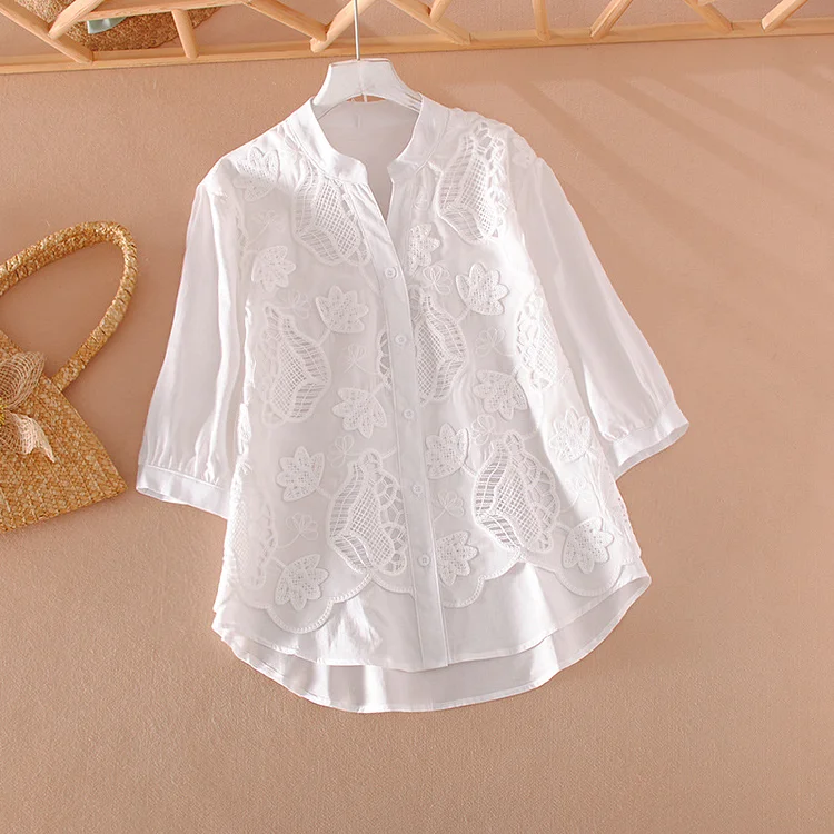 Women's White Summer Seven-quarter Sleeve Loose Hollow Embroidered Flower Shirt