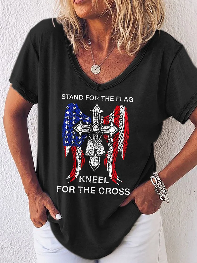 Stand For The Flag Kneel For The Cross Casual Loosen T-Shirt socialshop