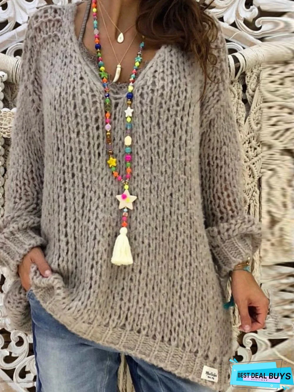 Plus Size Light Gray Basic Knitted Shirts & Tops