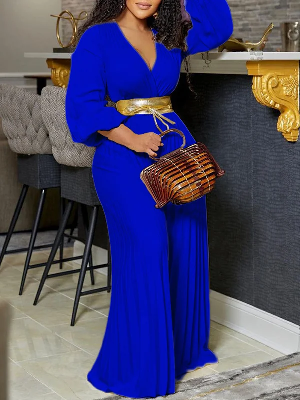 Pleated Solid Color Tied Waist High Waisted Long Sleeves Deep V-Neck Jumpsuits