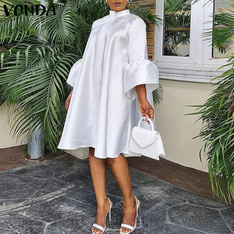 Women Elegant Cocktail Party Dress 2022 VONDA Summer Sundress Holiday Summer Stand Collar Vestido Oversized Robe Femme