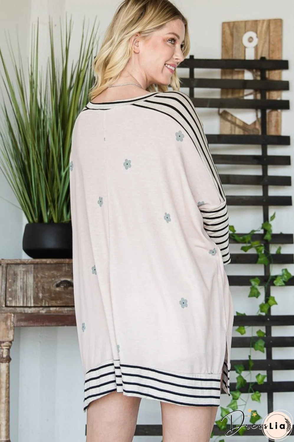 Jade By Jane Full Size Floral Striped V-Neck Slit Tunic Top