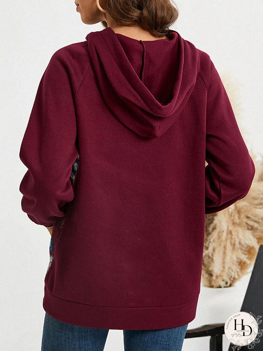 Flower Stitch Pocket Drawstring Long Sleeve Pullover Hoodie