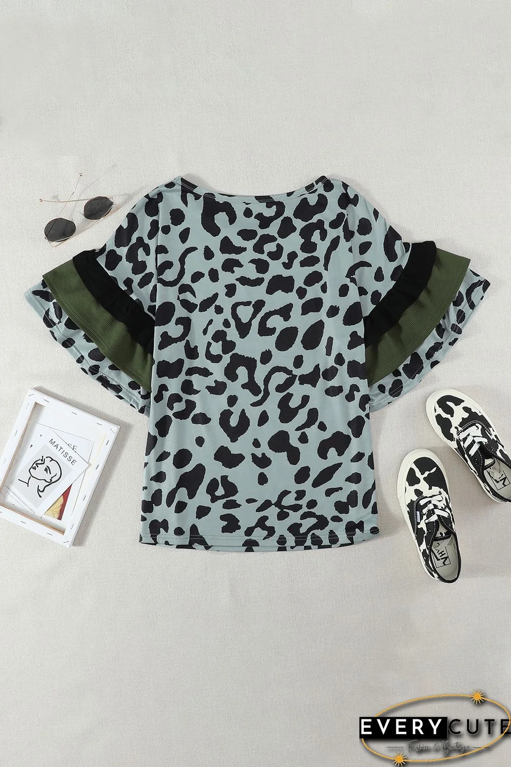 Olive Green Leopard Ruffled Sleeves Top