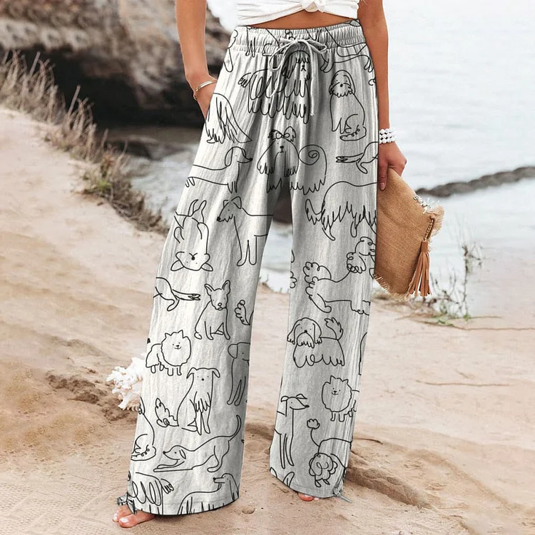 Women's Simple Black And White Lines Cartoon Puppy Print Wide Leg Pants