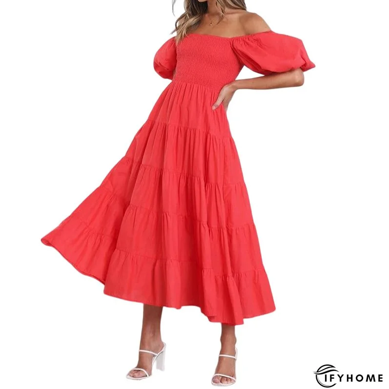 Summer Women's Fashion Loose Off Shoulder Puff Sleeve A-Line Midi Dress | IFYHOME