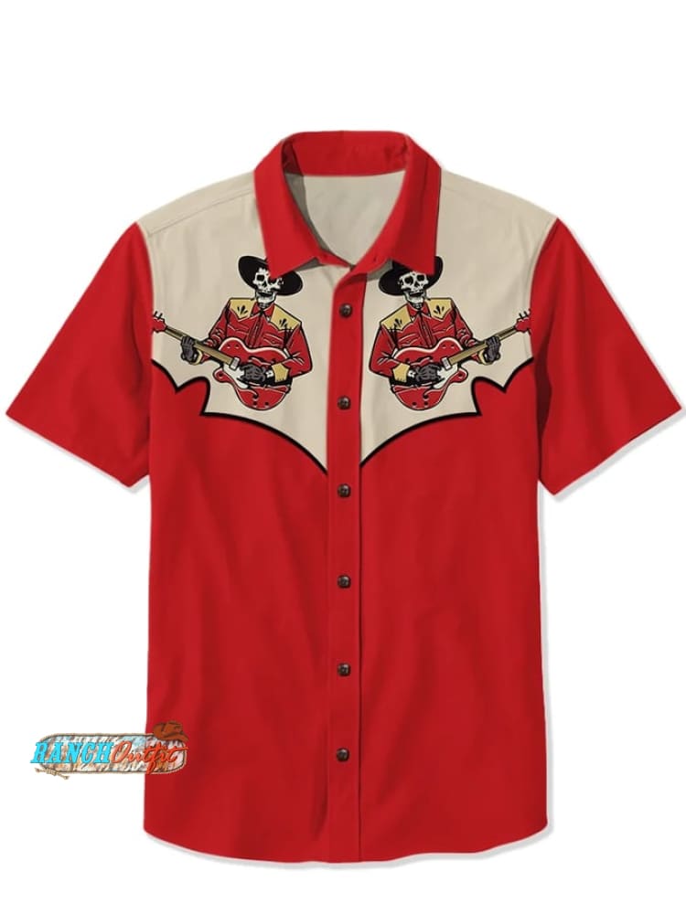 Men’s Western Cowboy Song Skeleton Print Casual Shirt Red / S